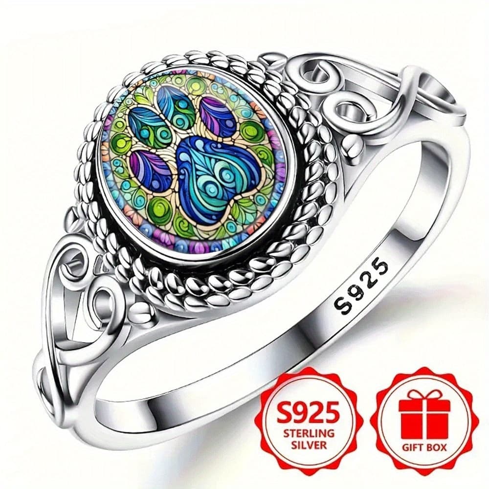 TEMU Silvery Ring, Stylish Painted Paw Print, Colorful Bohemian Engagement And Wedding Jewelry, Oval-shaped Everyday Gift, Jewelry For All | Bohemian Ring | Durable