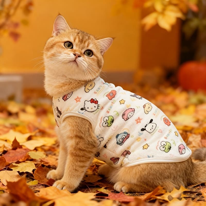 TEMU 1pc Cute New Autumn Winter Pet T-shirt, Vest - Clothes, Fleece-lined Warm Dog Vest, Featuring Hello Kitty, Cinnamoroll, My Melody Designs, Suitable For Small Dogs And Cats