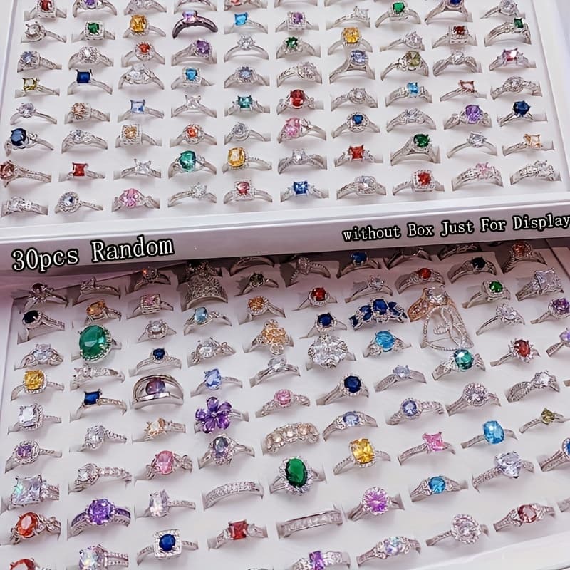 TEMU 30pcs Gorgeous Shiny Cubic Synthetic Zirconia Ring, Wedding Engagement Promise Ring Anniversary Ring, Holiday Gift, Rings Style Random