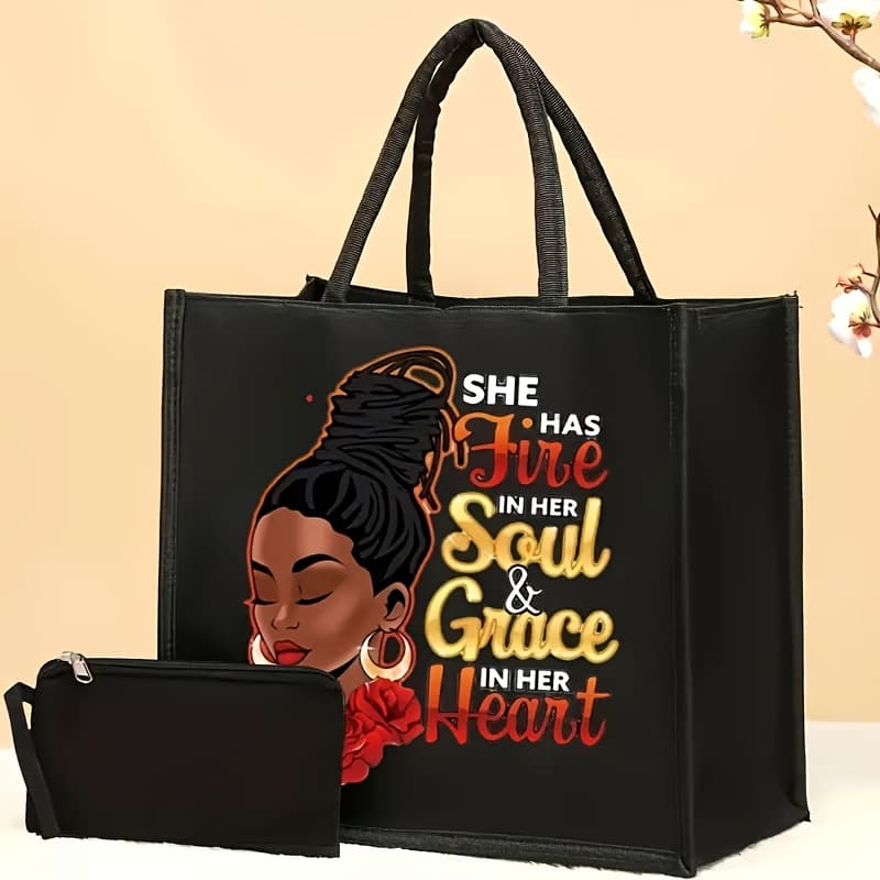 TEMU 2pcs Elegant Ladies Fashion Printed Fabric Large-capacity Tote Bag, With Coin Purse, With Magnetic , Shopping Bag, Lightweight Travel Beach Bag