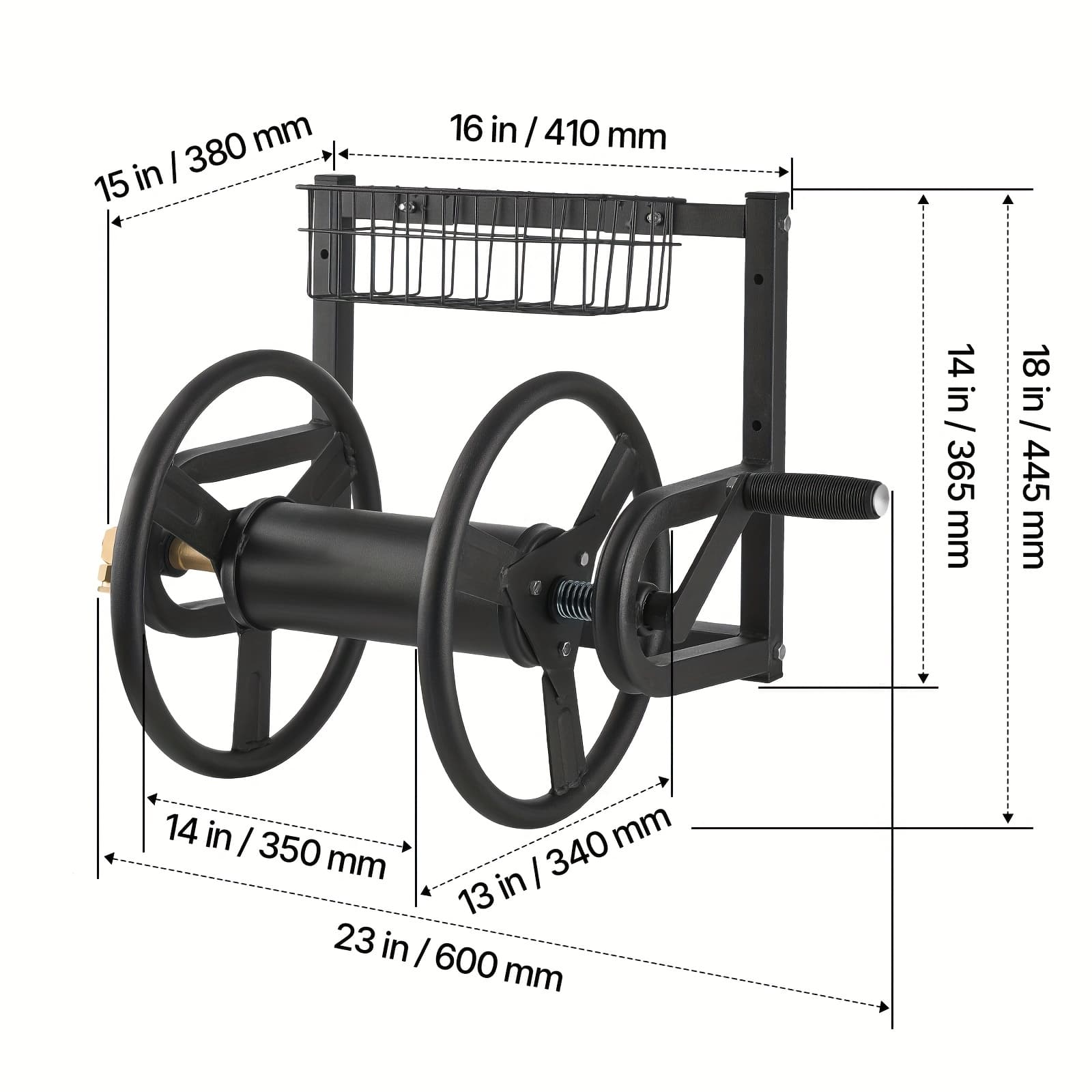 TEMU Happybuy Heavy-duty Wall Mount Hose Reel - 125ft/200ft Capacity With Fittings & Storage Basket For 5/8" Garden Hoses (space-saving Design)