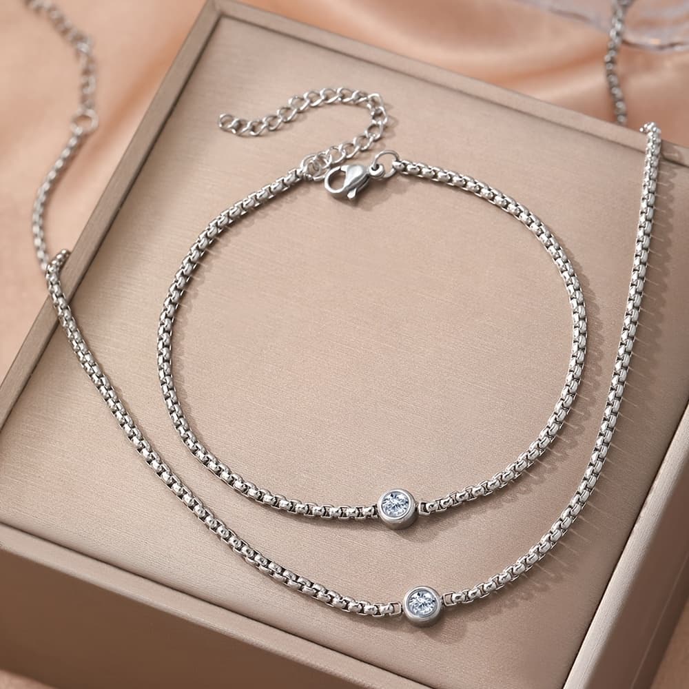 TEMU High-quality Hypoallergenic Stainless Steel Synthetic Zirconia Choker& Bracelet Set, 18k Gold Plated Fade Resistant, Minimalist Elegant, Daily& Party, Exquisite Gift For Valentine's Day Christmas