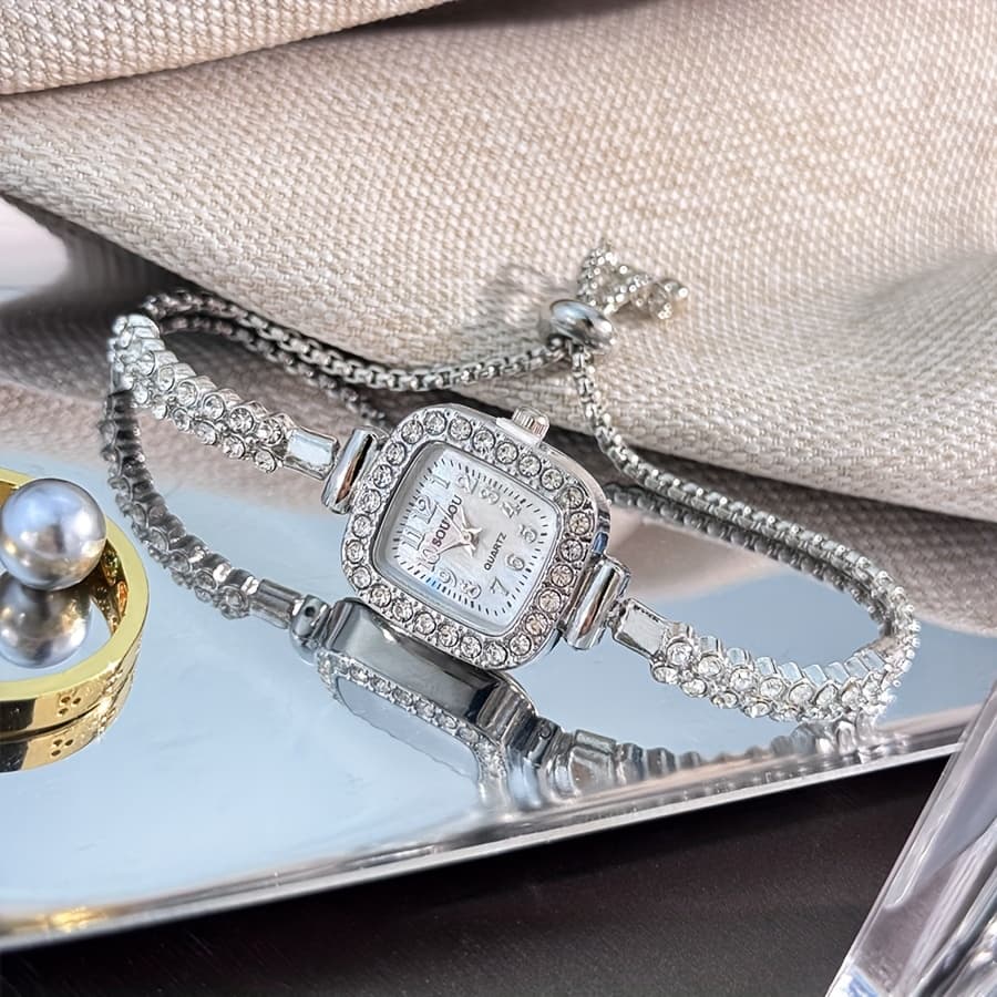 TEMU Elegant Women' Quartz Watch With Sparkling Bezel & -accented Alloy Chain, Display, Adjustable Strap - Stylish Casual & Formal Accessory, Luxury Wristwear, Sophisticated Design, Durable
