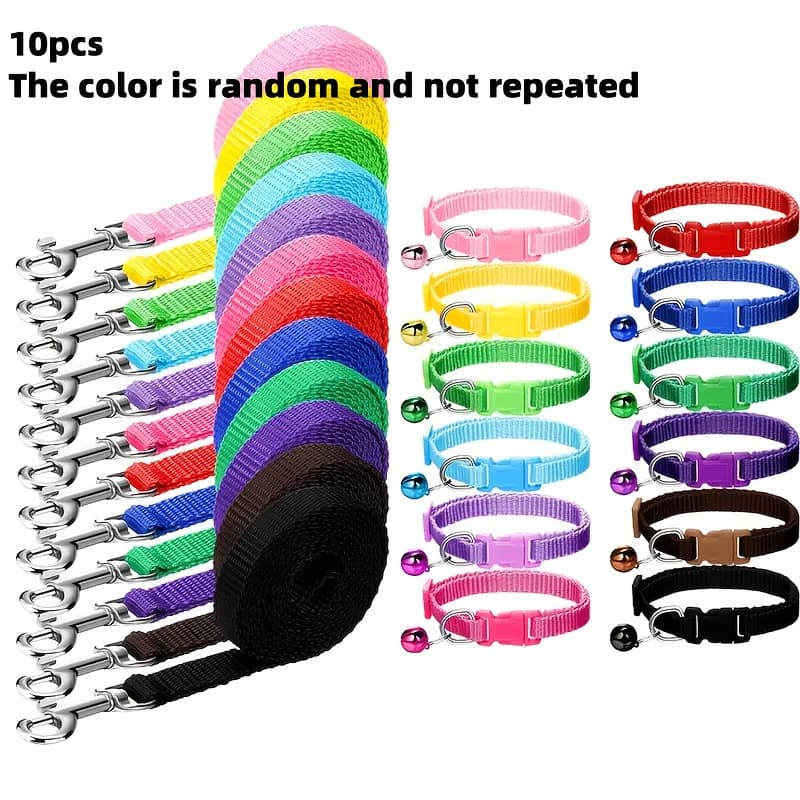 TEMU 10-pack Adjustable Polyamide Dog Collar And Leash Set - Multicolor And Solid, Detachable Bell, Safety - Ideal For Small To Medium Dogs, Walking And Training, Random Color, Without Battery