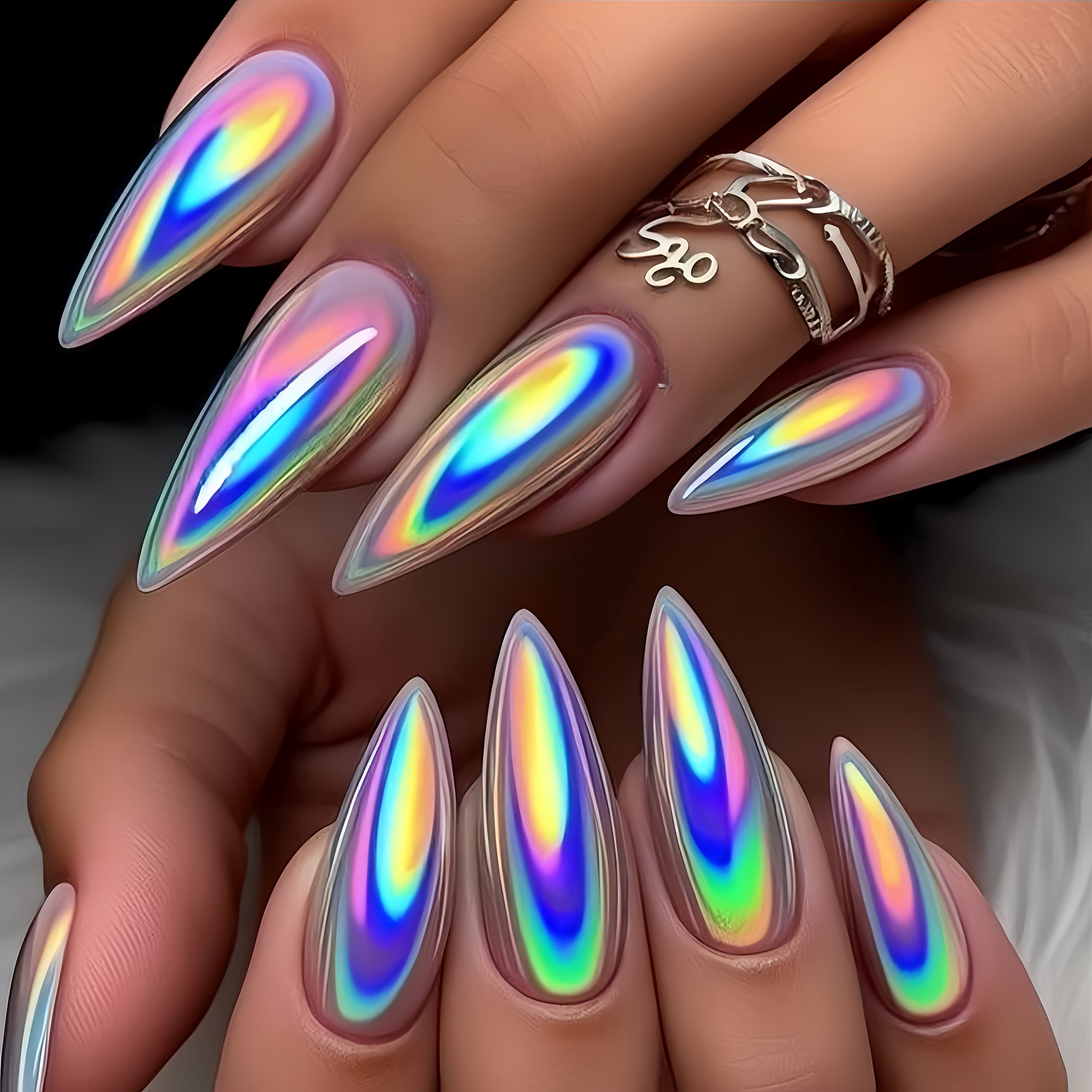 TEMU 24pcs Multicolor Ombre Plated Nails, Long Almond Shape, Sparkling Nail Tips, Removable Wearable Nails, Press-on Nails, Women's Nails, Gothic Nails, Artificial Nails,