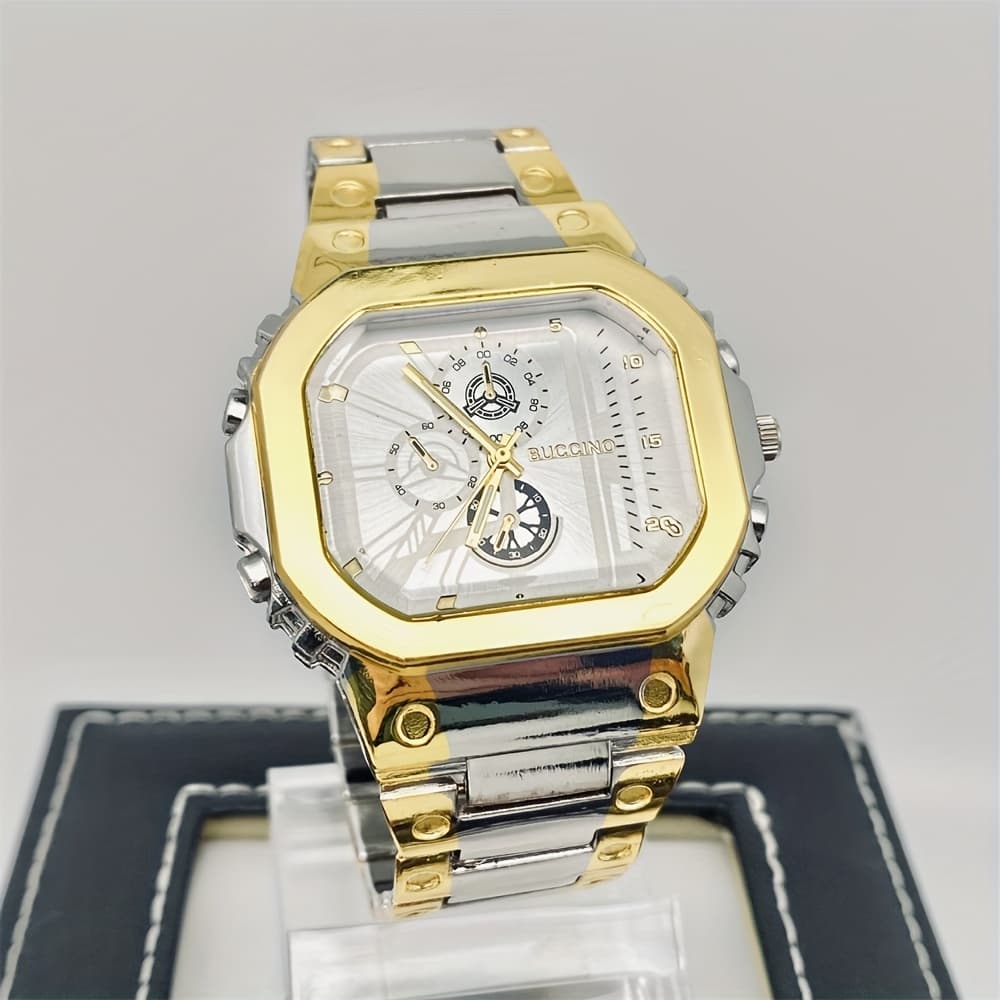 TEMU Men's Casual Quartz Watch, Gold Plated Stainless Steel, Rectangle Dial, Alloy Strap, With Sequins Decoration, Pointer Display, Battery Powered, Non-rechargeable Button Battery (diameter <20mm)
