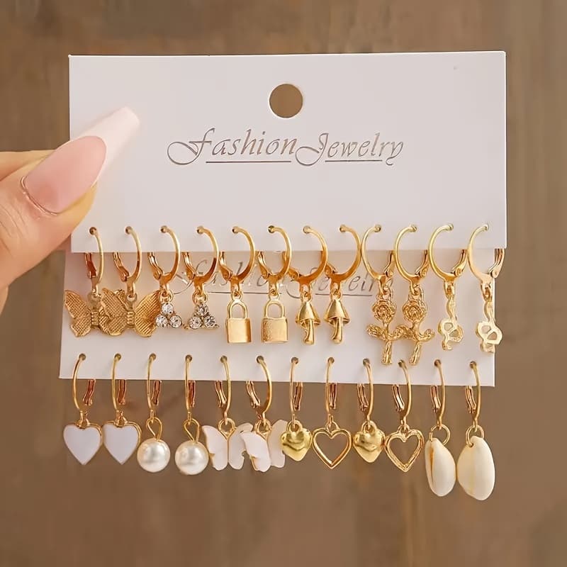 TEMU 24pcs Fashionable Minimalist Retro Earring Set, Heart Flower Mushroom Shell Design, Perfect For Festivals, Vacations, Music Festivals, Parties, And Casual Attire