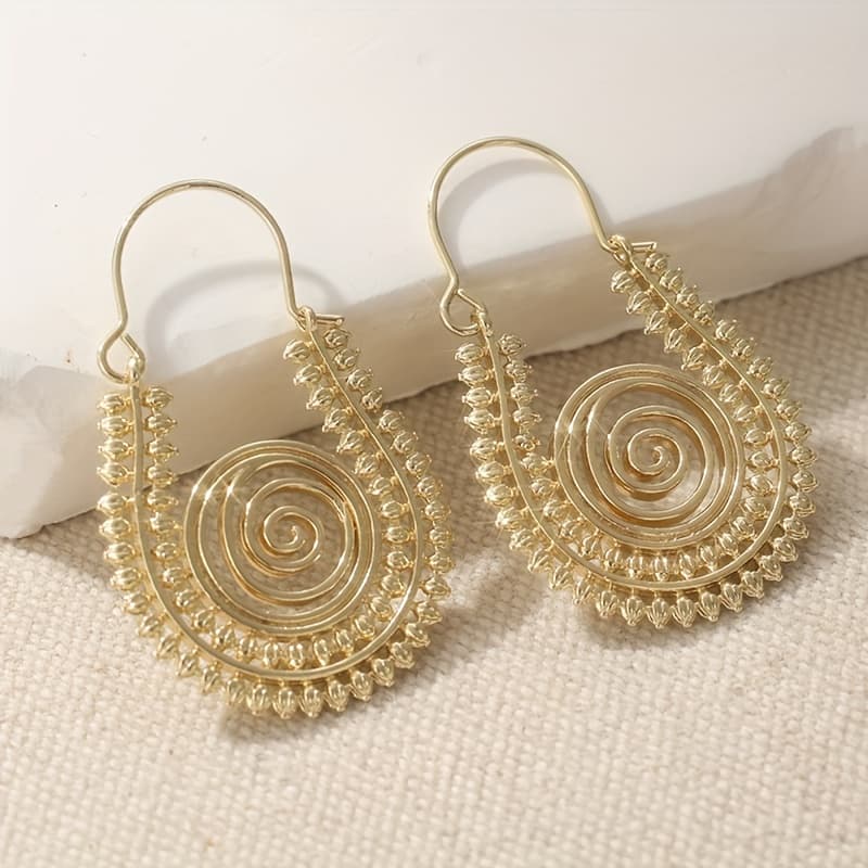 TEMU Bohemian Retro Thick Earrings, Golden Color Earrings Lady, Copper Products Filled Spiral Hoop Earrings, Golden Color Spiral Hoop Earring, Suitable For Daily Party Jewelry Additions