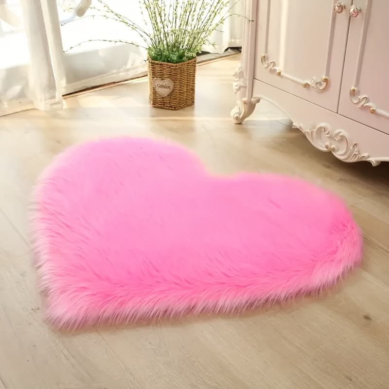 TEMU Plush Red Heart Rug - Soft, Thick, Non-slip Polyester Mat For Bedroom, Dorm, And Classroom, Cute And Cozy With Ribbed Edge Detail, Bedroom Rug