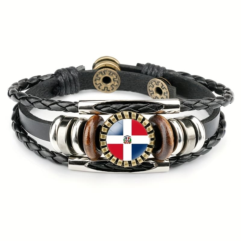 TEMU 1pc Dominican Republic Cuff Bracelet, Adjustable Faux Leather & Alloy Mixed Material, Unisex Elegant Design With Glass Accents, Perfect For Daily Wear & Parties, Year-