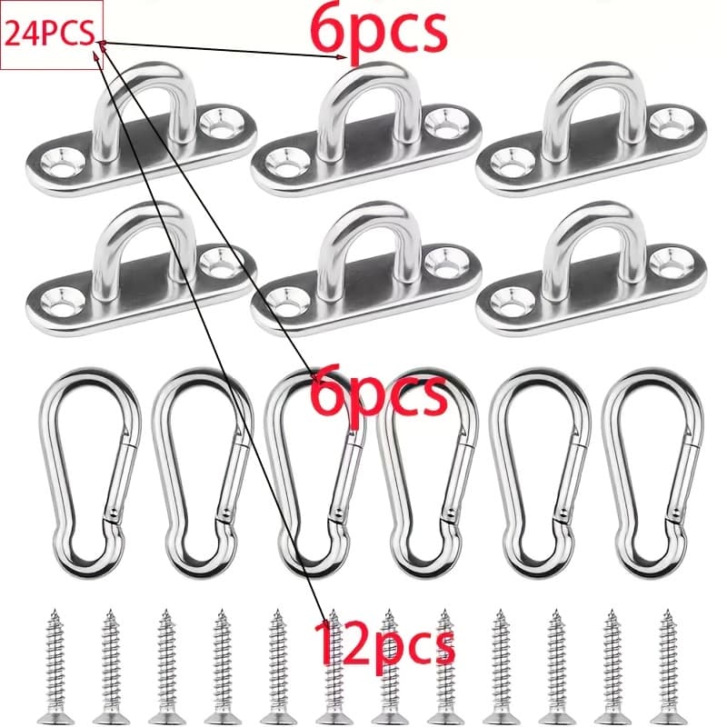 TEMU 24pcs Stainless .8 Inch Pad Eye Hooks And Stainless Steel Snap Hooks, With Screws, Screw Ceiling Hook, Shade Sail Hardware, Outdoors String Lights Hangers With Screws Anchors