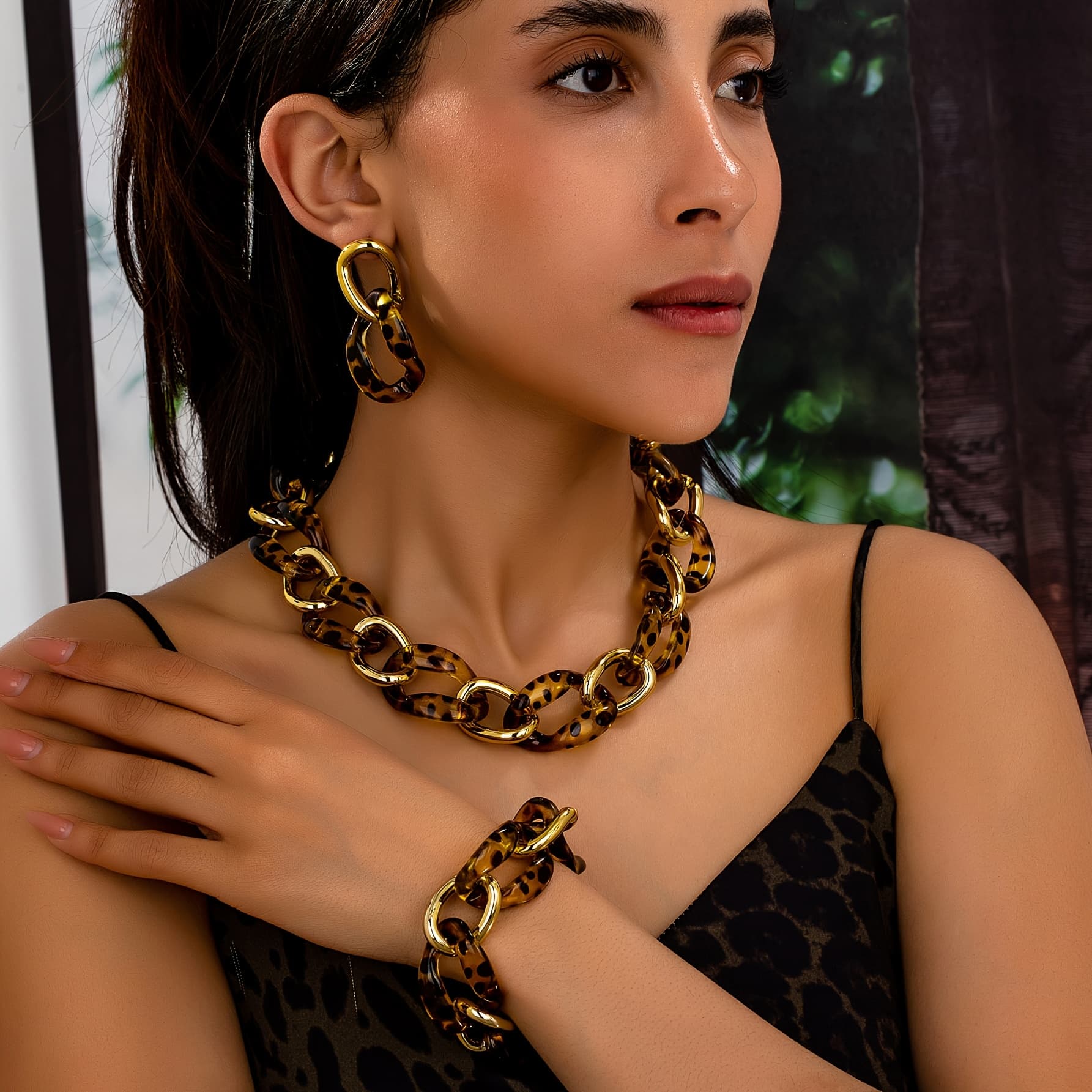 TEMU A Set Of Bohemian Leopard Print Elegant Versatile Fashionable High-end Bracelet Necklace Earring Set, Suitable For Daily Wear, Gift , Events, And Parties