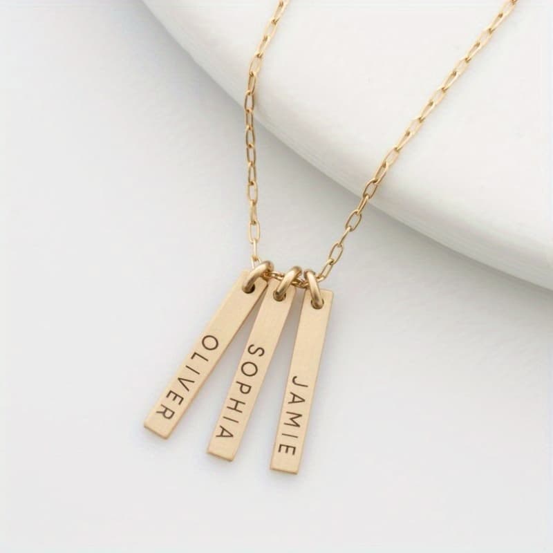 TEMU Engraved Vertical Bar Necklace With Multiple Names, Dainty Bar Necklace For Gift