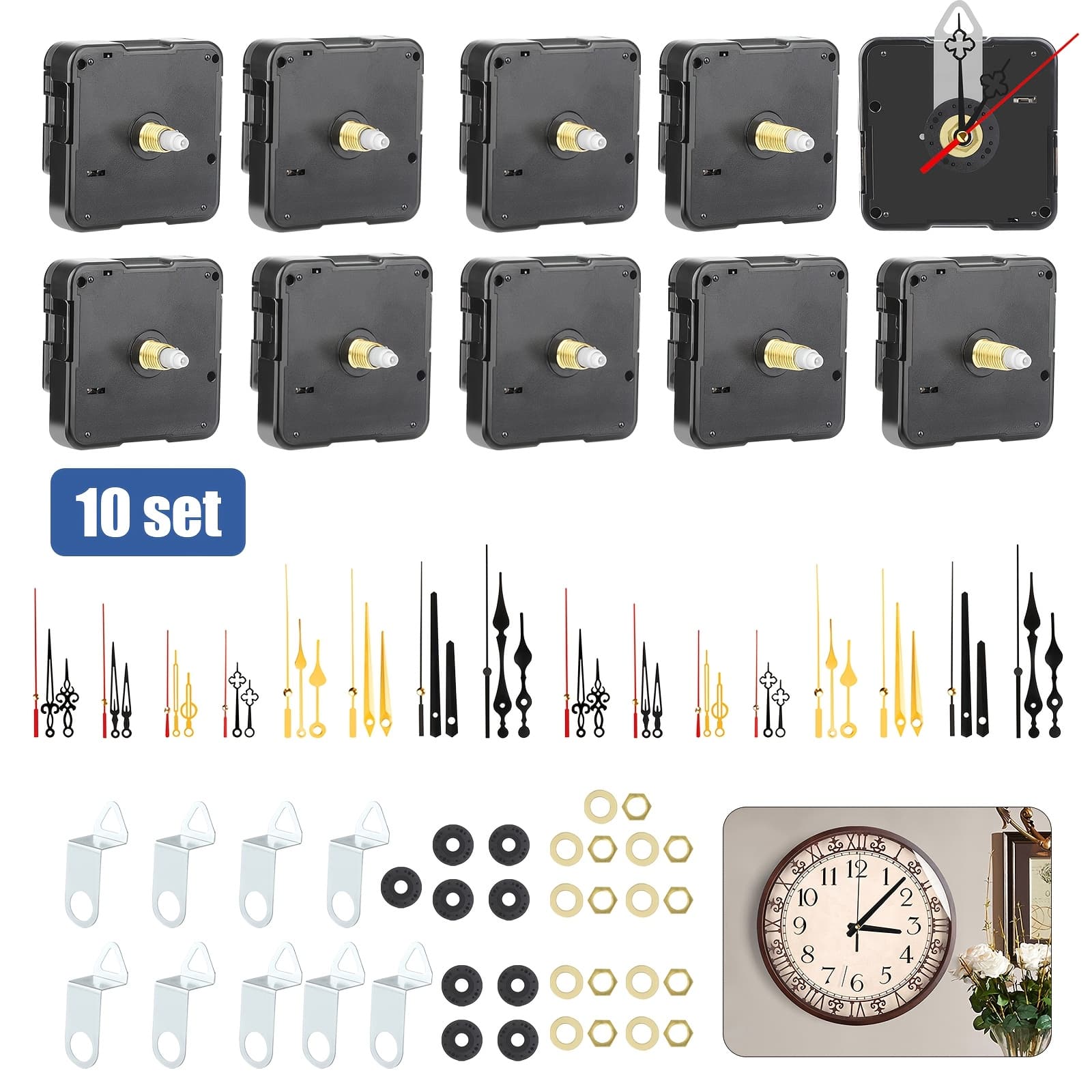 TEMU 10 Sets Quartz Clock Movement Repair & Replacement Kit With 16 Pairs Multiple Hands Types - Diy Wall Clock Mechanism Parts, Easy Assembly