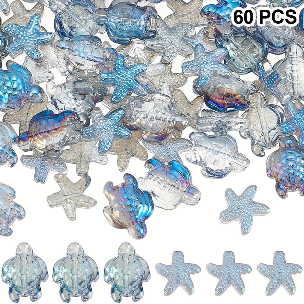TEMU 60pcs Sea Turtle Beads Bulk Starfish Bead Charms Glass Sea Themed Tortoise Summer Beach Animal Loose Spacer Beads For Jewelry Making Bracelet Necklaces Earrings Crafts