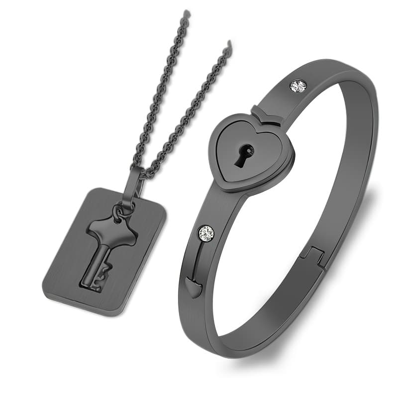 TEMU Fashionable And Versatile Creative Couple's Bracelet Set With Heart-shaped Padlocks And Love Padlocks, Titanium Steel Bracelet With Key Accessory