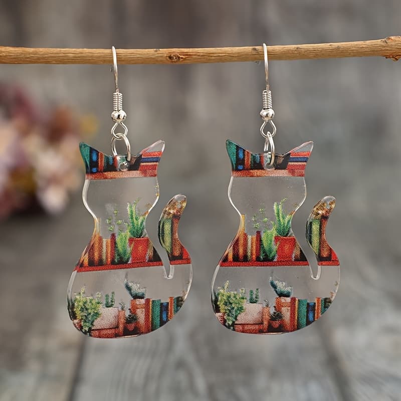 TEMU New Back-to- Library Bookshelf Greenery Cute Kitten Pendant Acrylic Double-sided Earrings