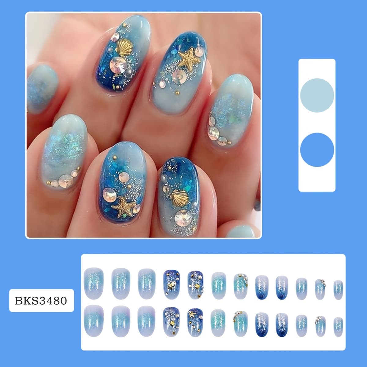TEMU 24pcs Ocean Blue Gradient Press On Nails, 3d Starfish And Seashell Decor, Glitter Acrylic False Nails For Beach And Vacation