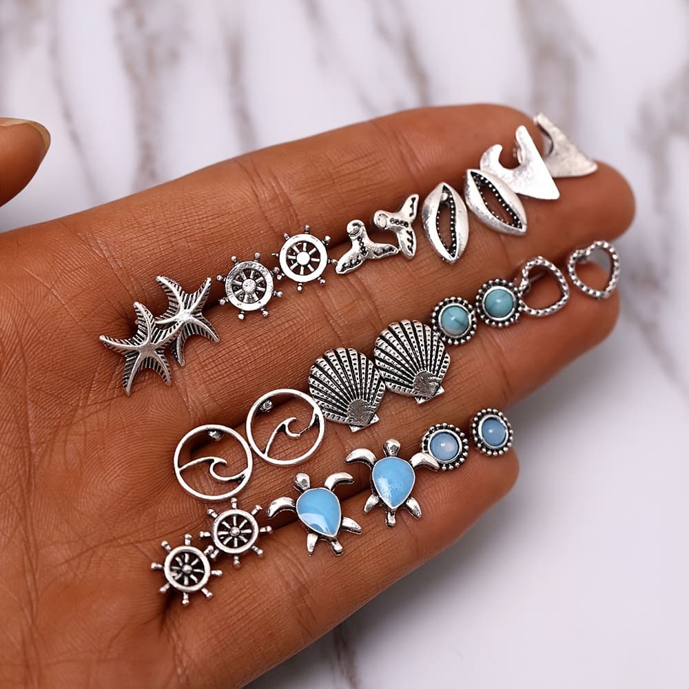 TEMU 12 Pairs Of Retro Silvery Metal Starfish Shell Earrings Summer Beach Vacation Women's Ear Accessories
