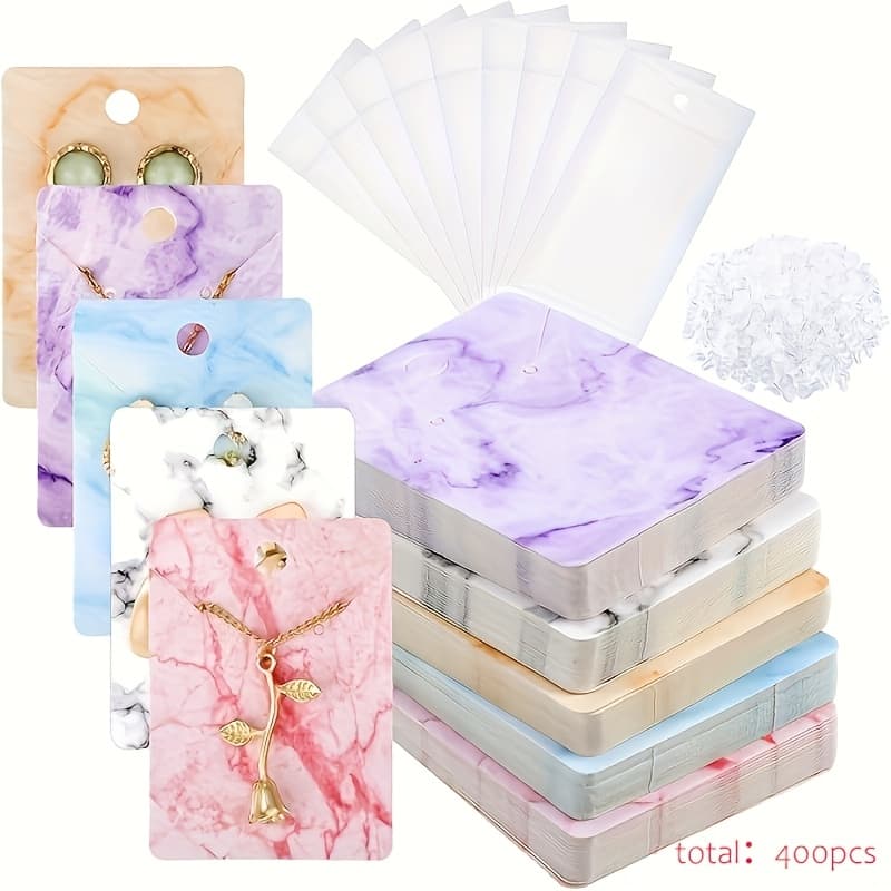 TEMU 400pcs Marble Earring Necklace Display , 100pcs 5-color Jewelry Display Card 100pcs Self-sealing Bag And 200pcs Earring Post After Jewelry Packaging