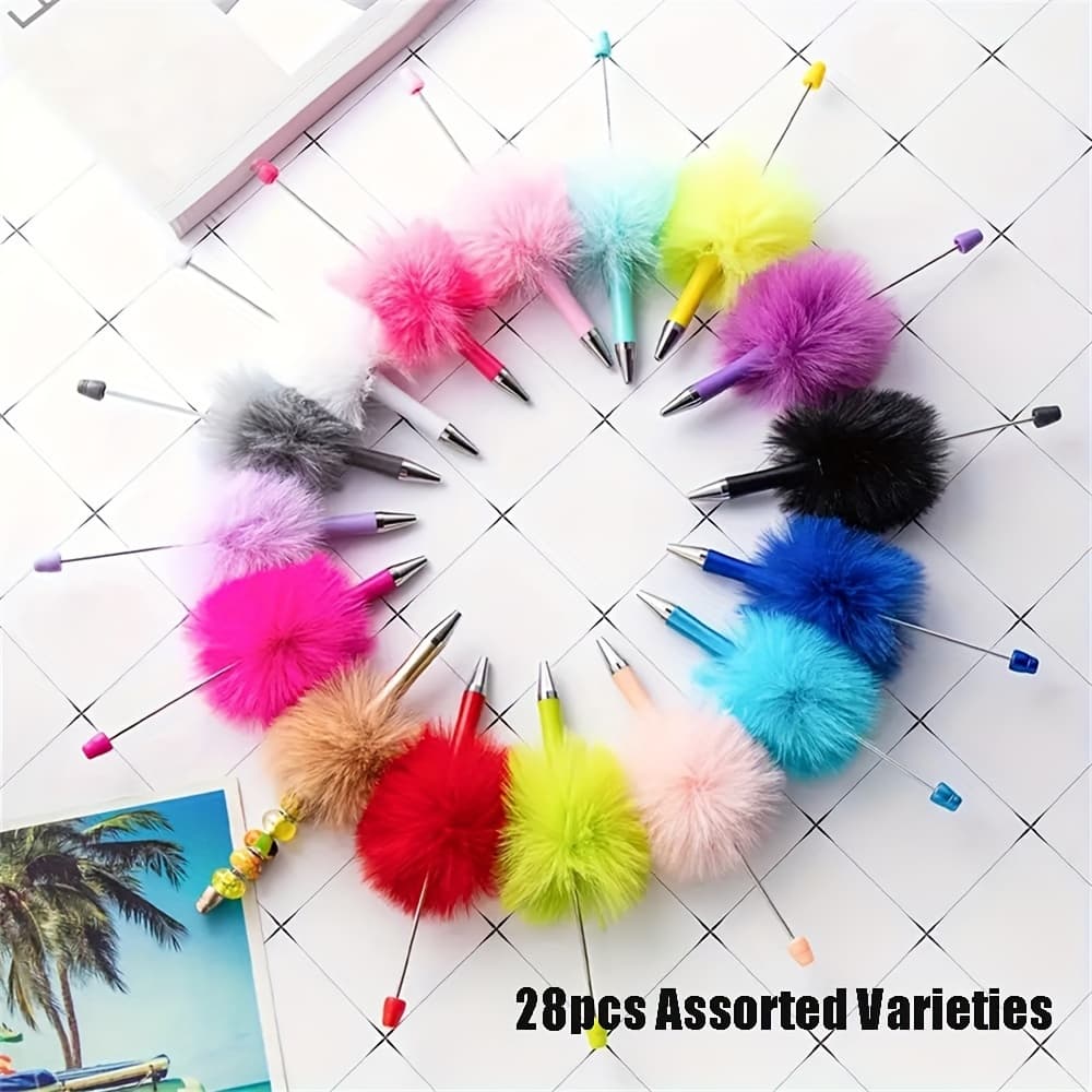 TEMU 28pcs Random Color Fluffy Beadable Ballpoint Pens Fuzzy Plastic Beaded Writing Pens For Craft Office Supplies Back-to-school Gift