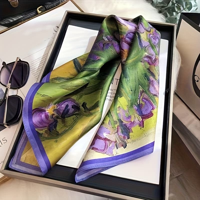 TEMU 2026 New Purple Oil Painting Floral Pattern Square Scarf, 27.5 Inches Headscarf Shawl, Fashion Accessory For Women, Texture, Use