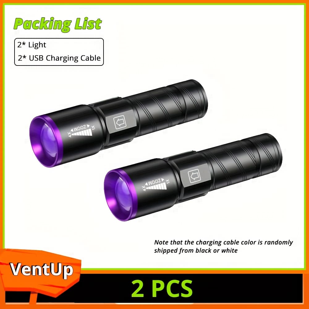 TEMU 2pcs Uv Flashlights, Rechargeable Portable Black Light, Adjustable Brightness, Extendable Zoom, Suitable For , Checking Pet Urine Stains, Fluorescent Powder, Nail Polish, And Resin Curing