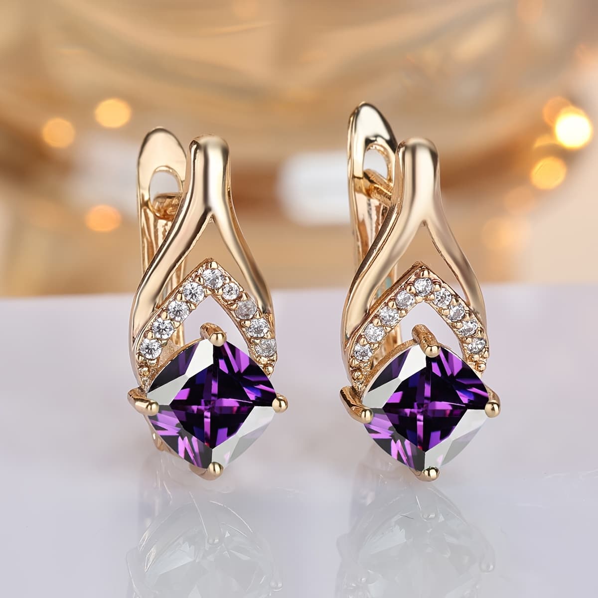 TEMU A Set Of Elegant Purple Stone Drop Earrings For Women, Featuring Golden Floral Designs, Perfect For Weddings And Special Occasions