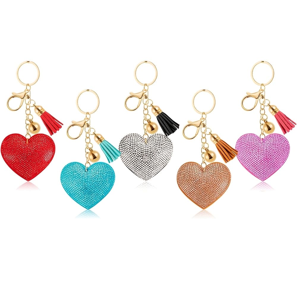 TEMU 5 Sparkling Keychains Featuring Heart-shaped Rhinestones, Including Tassel Designs, Perfect For Handbags, With Shiny Pendants And -alloy Chains
