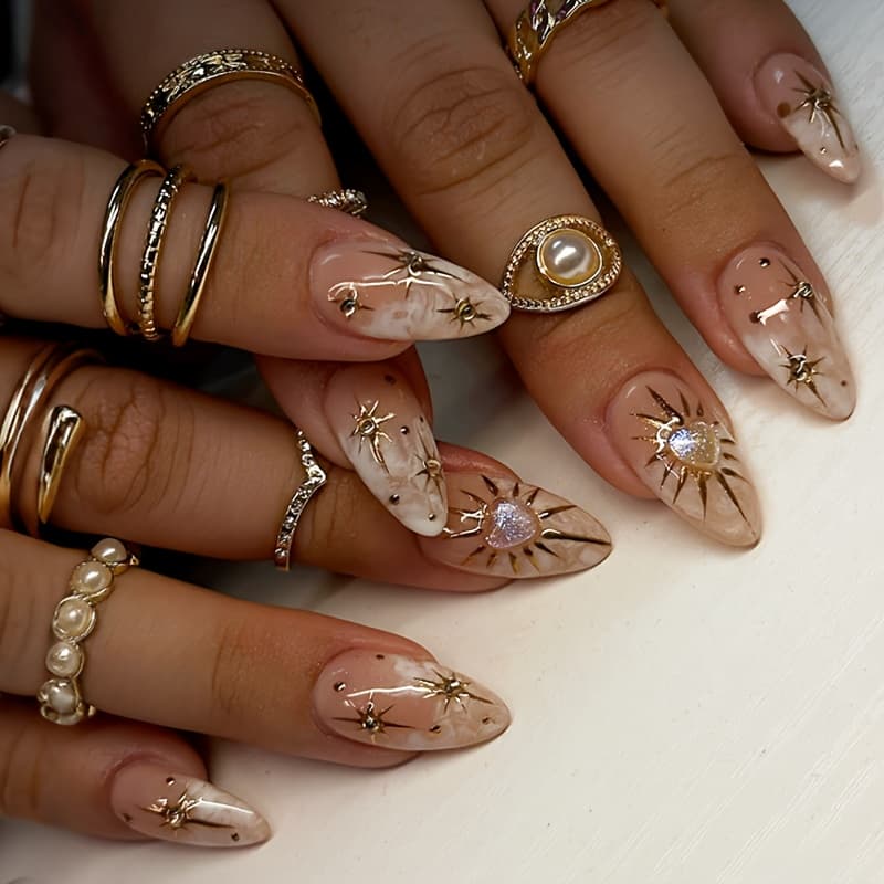 TEMU 24pcs Almond Press-on Nails Gradient Press-on Nails 3d Using -shaped Golden Nail Kit Fake Nails Suitable For Women And