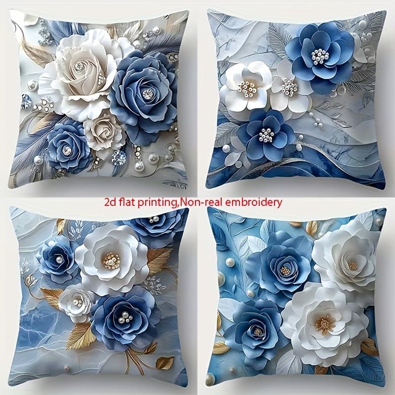 TEMU 4pcs Set, Sofa Pillowcase, Blue Pillowcase, 17.7 Inches * 17.7 Inches, Single-sided Printing, Home Decoration, Sofa Lumbar Cover, Pillowcase Does Not Pillow Core