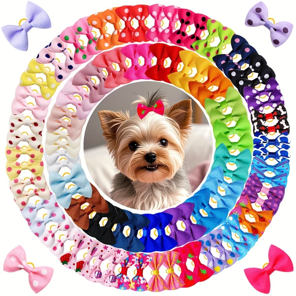 TEMU 50 Cute Dog Hair Additions With Rubber Band-multicolor Dot, Heart And Flower Pattern For Yorkshire Terrier And Small Dog Grooming, Clothing Additions, Durable Pet Headwear