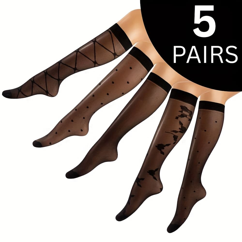 TEMU 5 Pairs Women's Sheer Knee-high Socks, Elegant Patterned Calf-length Hosiery, And White, Comfortable And Breathable Women's Stockings And Hosiery