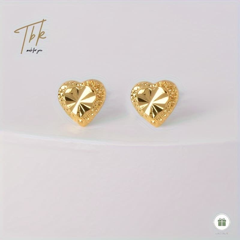 TEMU 18k Gold Plated Heart Stud Earrings, Fashion Jewelry, Cute Shiny Women's Birthday Valentine's Day Friendship Gift, Adjustable With Gift Box, 328e