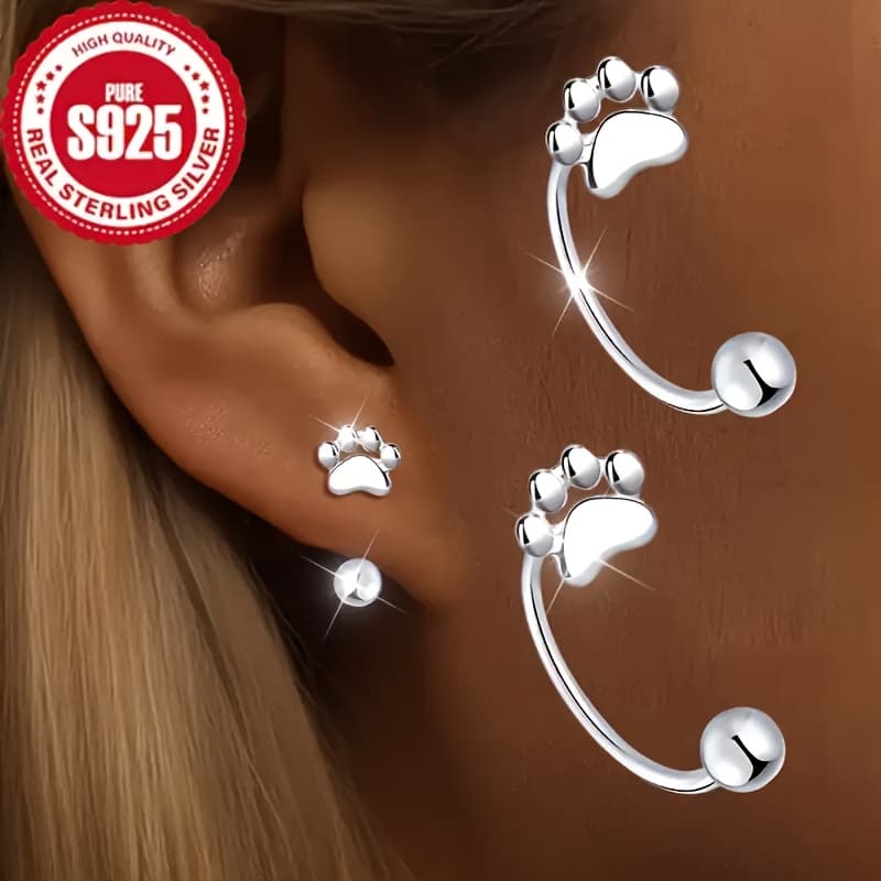 TEMU Pair Of 925 Pure Silvery Cute Print Earrings, Exquisite Creative Jewelry, Low Allergy, Simple And Versatile, Suitable For Festivals And Parties, Ideal Gift For Women, Weight 0.06 Ounces