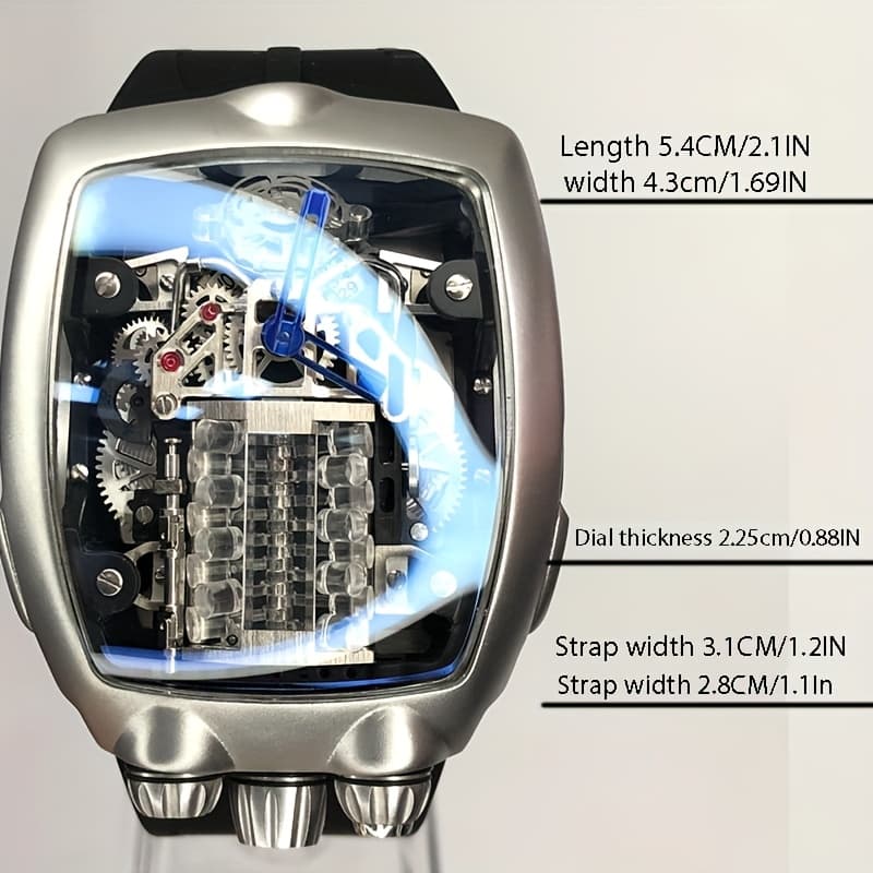 TEMU Engine Men's Mechanical Wristwatch Supercar Square Fashion Silicone Strap Sports Watch, Without Battery