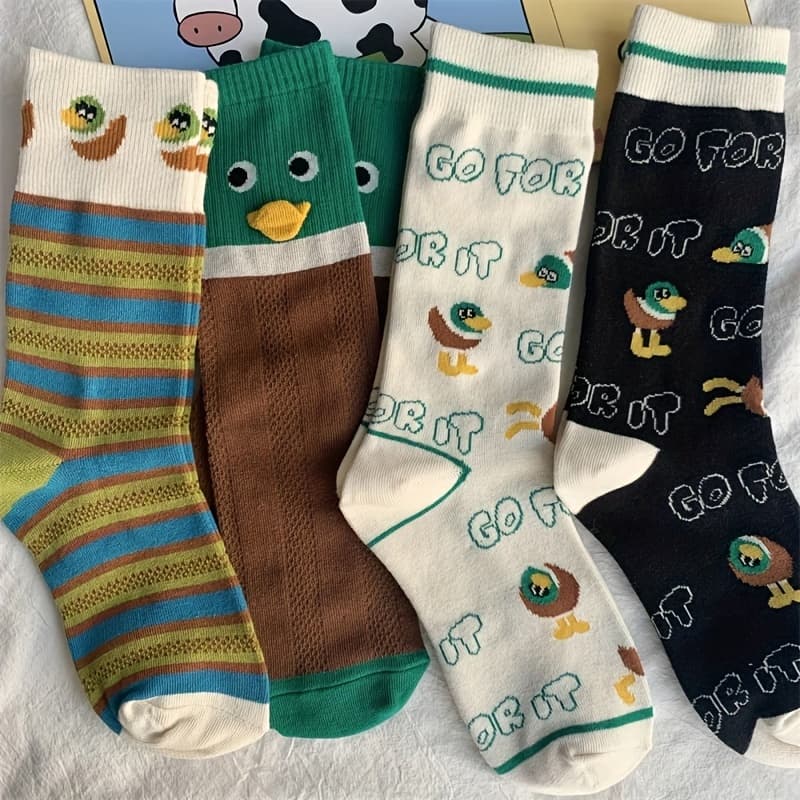 TEMU 4-pair Women's Korean Style Mid-calf Socks, Ins-style Trendy Jk Japanese Cute Duck Pattern Illustration Cartoon Spring/autumn Mid-calf Socks