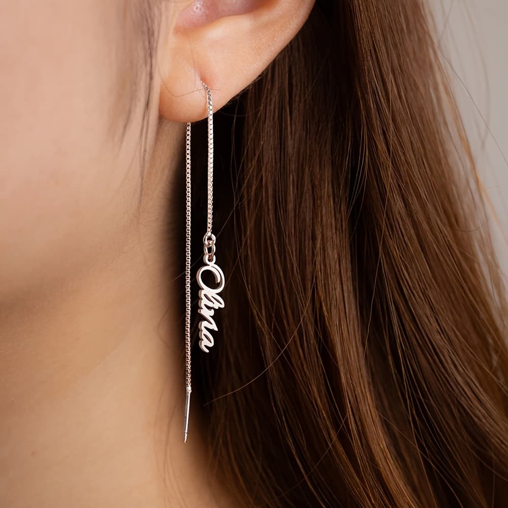TEMU Personalized Stainless -2 Name Threaded Long Chain Name Earrings, Custom Jewelry Gift, Gift, Wedding Gift