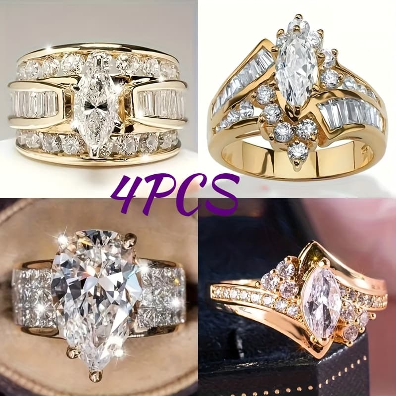 TEMU Set Of 4 Elegant And Trendy Rings For, Featuring Sparkling Golden Designs With Synthetic Zirconia, Perfect As A Gift For Christmas, Valentine's Day, Or Anniversaries
