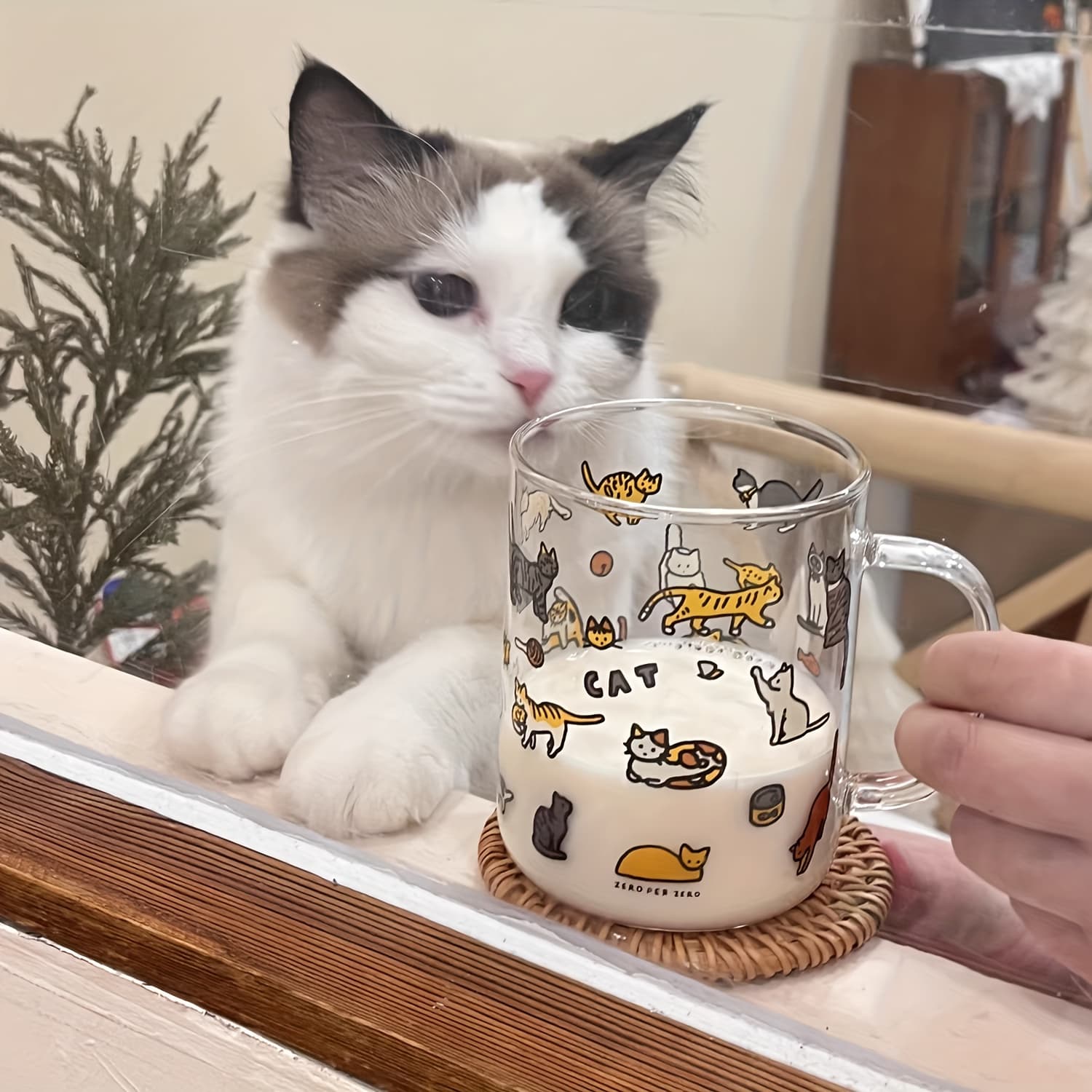 TEMU 1pc 420ml Cat-shaped Glass Cup, Cartoon Kitten Water Bottle, High Borosilicate Glass Material, Microwave And Oven Safe, For Drinking Coffee, Milk, Latte, Juice, As Holiday Gift For