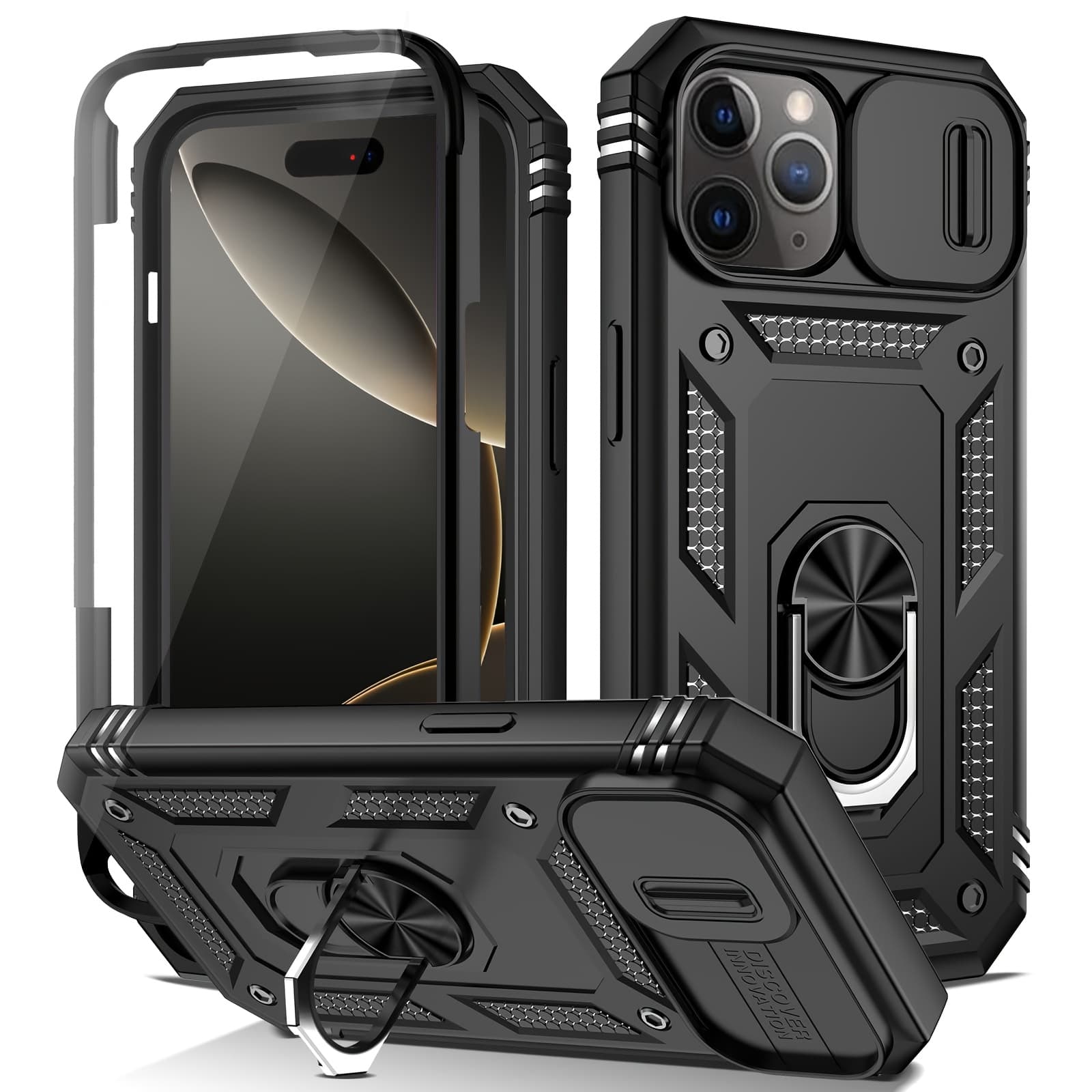 TEMU Phone Case: For Iphone 17 16 15 14 13 12 11 Pro Max 14 15 16plus 13mini Xr X Xs 7 8plus Se2020 Se2022 Shockproof Armor 360° Rotating Stand Phone Case With Sliding Lens Cover Protection