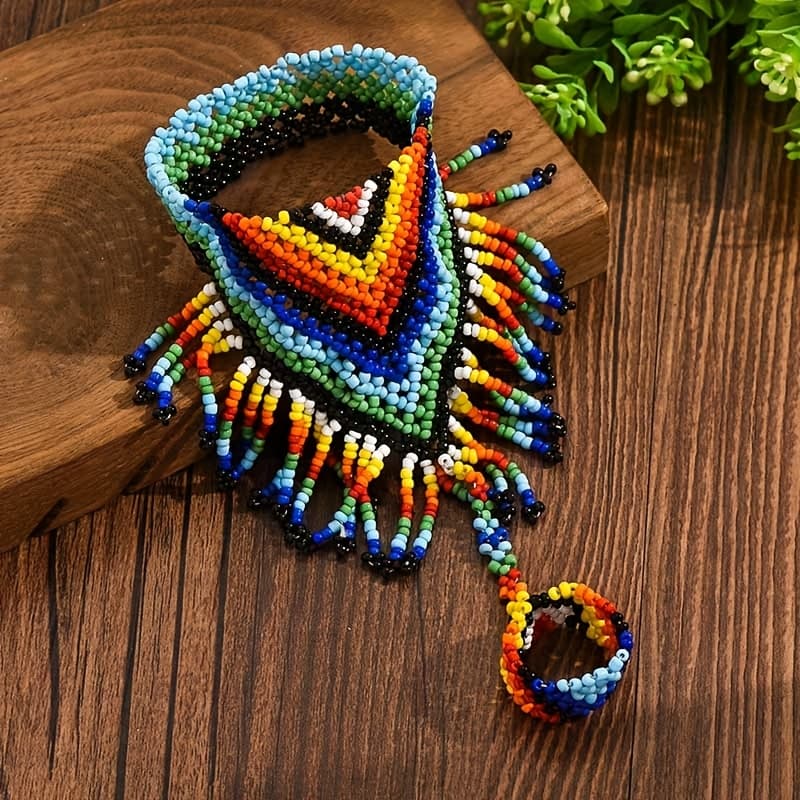 TEMU Bohemian Ethnic Style Elastic Geometric Woven Rice Bead Link Bracelet Women's ( Rice )