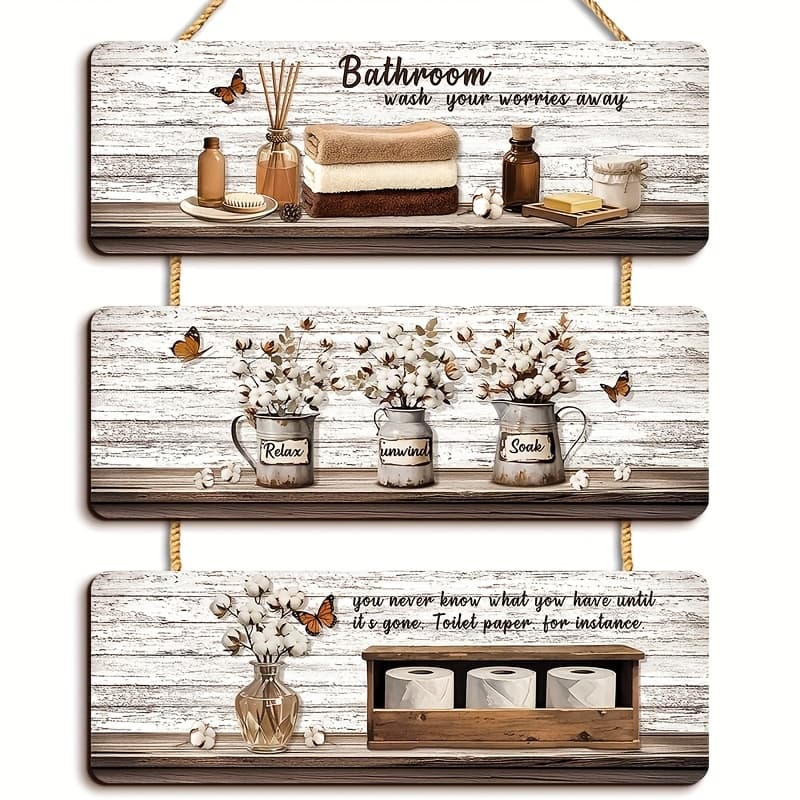 TEMU 3 Wooden Rustic-style Bathroom Wall Decorations, A Plaque For Soaking And Relaxing, Wall Art Decor, Suitable For Decorating Bathrooms, , Or Laundry Rooms