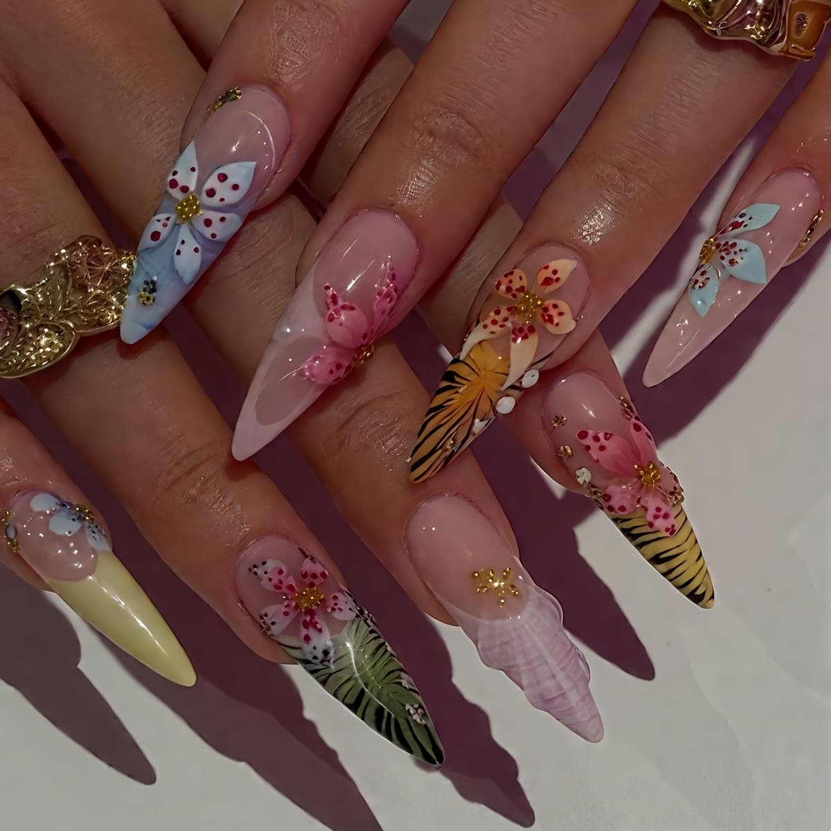 TEMU 24pcs Almond Shape 3d Leopard Fake Nails Set With Nail File And Glue, For Women