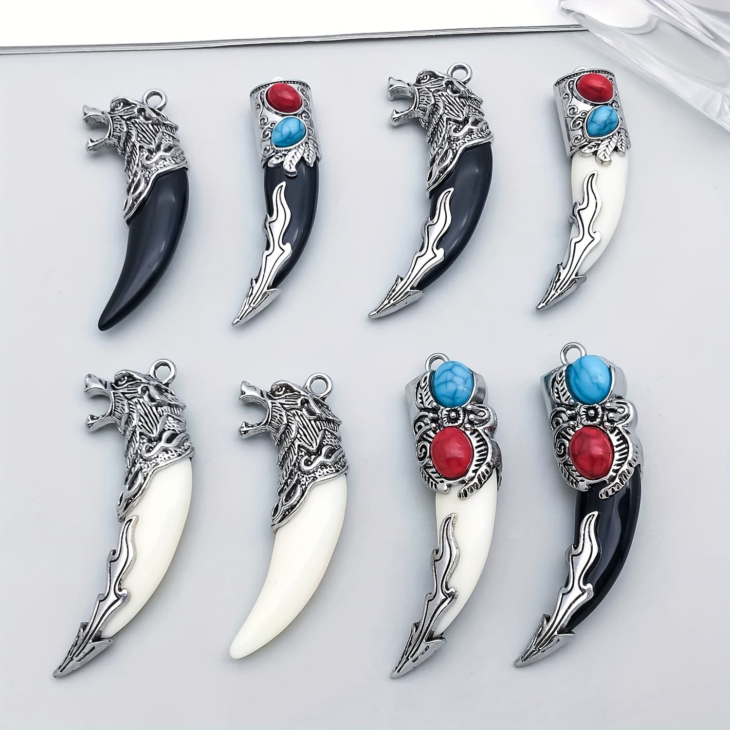 TEMU 8pcs Ancient Silvery Resin Ethnic Style Wolf Teeth Pendant Jewelry Making Diy Keychain Earrings Pendant Design Charms For Jewelry Making Bracelets Necklace