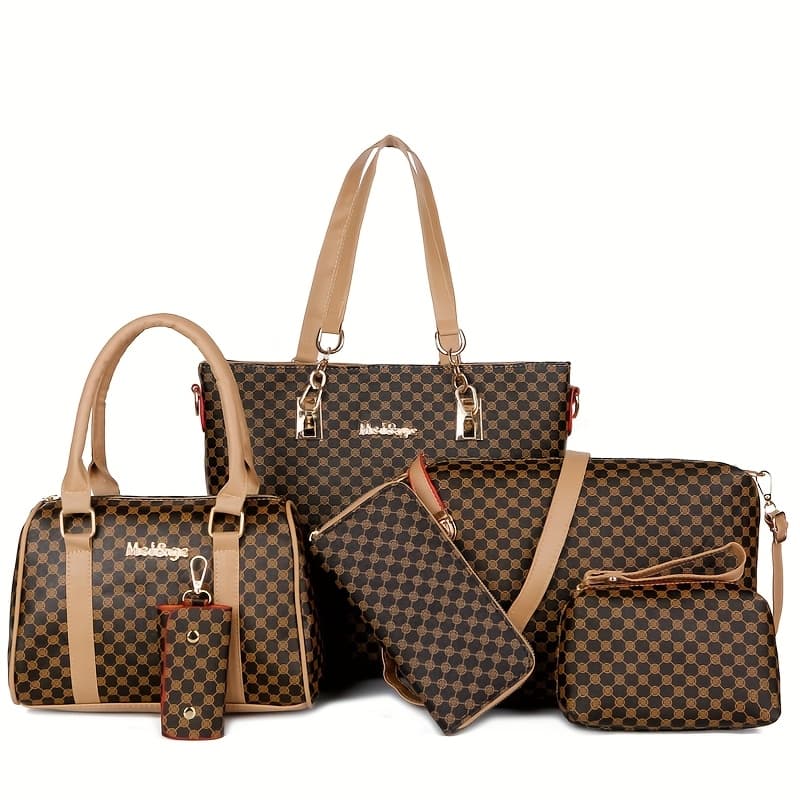 TEMU Fashion 6pcs Women's Handbag Set, Geometric Pattern, Urban Theme, Zipper Closure, Polyester Lining, Edge Paint.