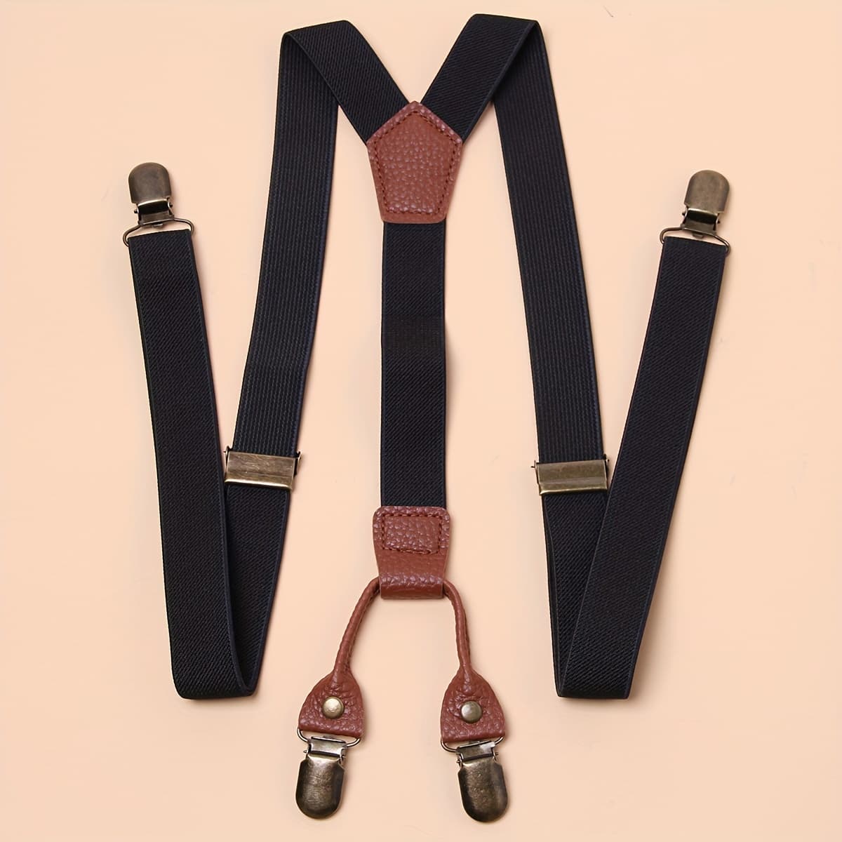 TEMU Vintage Style Men's Suspenders - Elastane Material With Rivet Details, Strappy Back Design, Woven With Medium Stretch, Adjustable Length - Classic Solid Color Y-back Suspender With 4 Bronze Clips