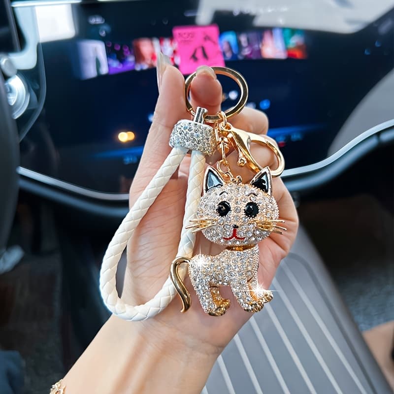 TEMU Adorable Keychain Featuring A Sparkling Cat, Made Of Alloy, With Pink And White Braided Straps; A Gift For Women