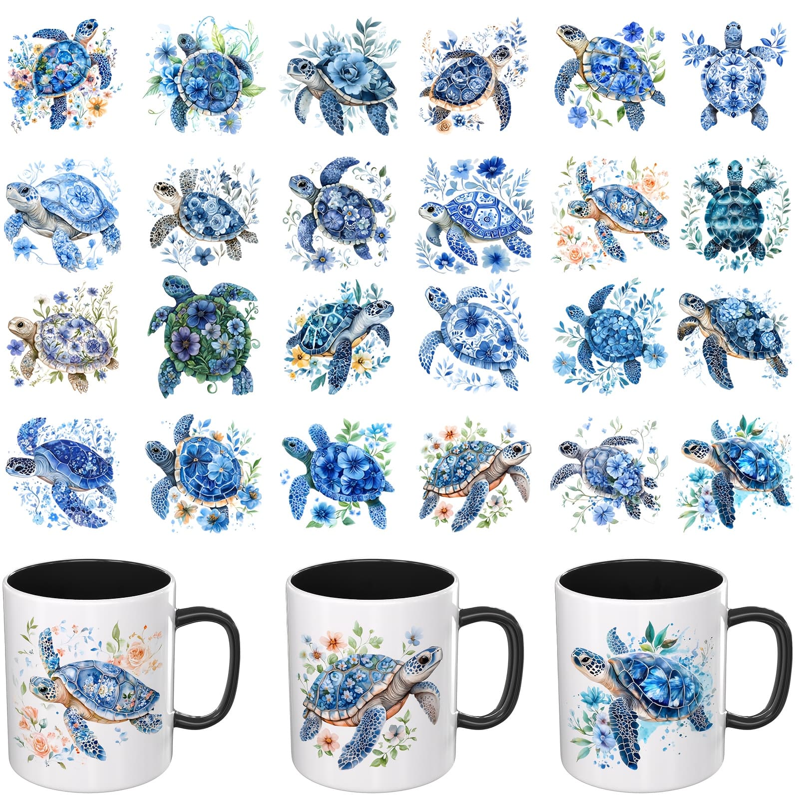 TEMU 24pcs/set Uv Dtf Wraps, Tropical Turtle Themed Design Uv Dtf Sticker, Suitable For Smooth Uv Dtf Transfer Sticker (only Uv Wraps, Sold Not Mugs)