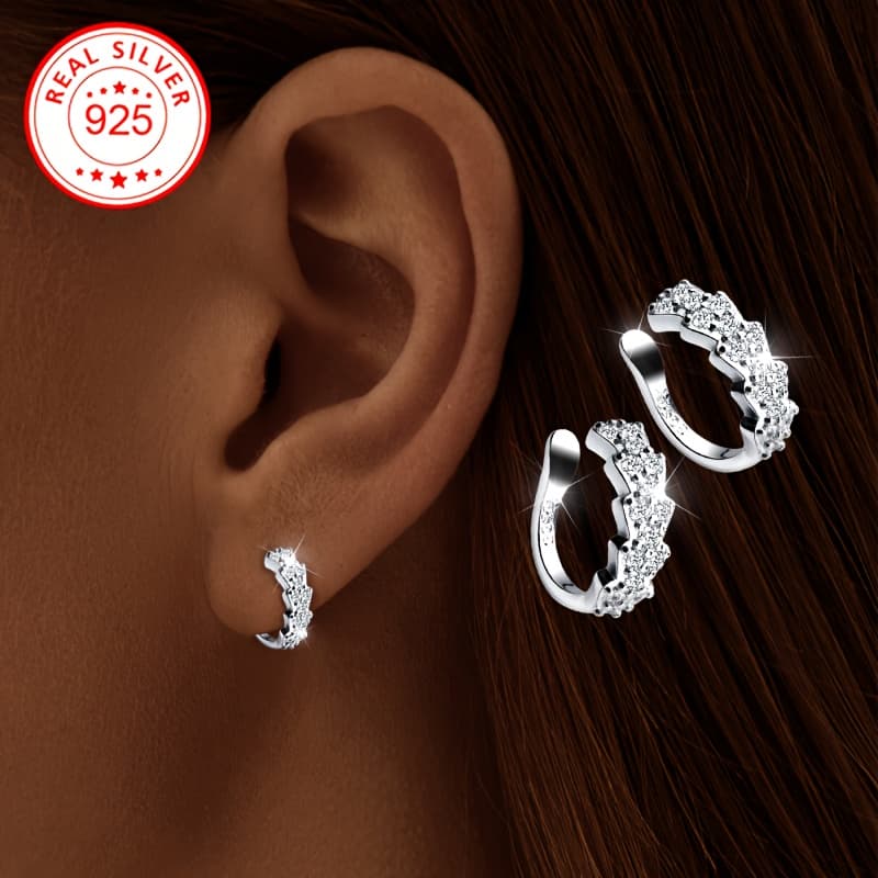 TEMU Women's Fashion Clip-on Earrings - Sparkling Cubic Zirconia, Hypoallergenic 925 Sterling Silvery, No Piercing Required, Perfect Gift For Any Occasion